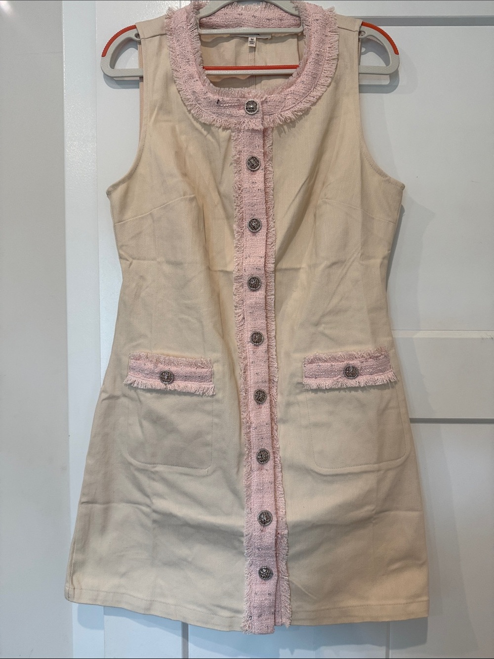 Cream Mini Dress with Pink Fringe Trim